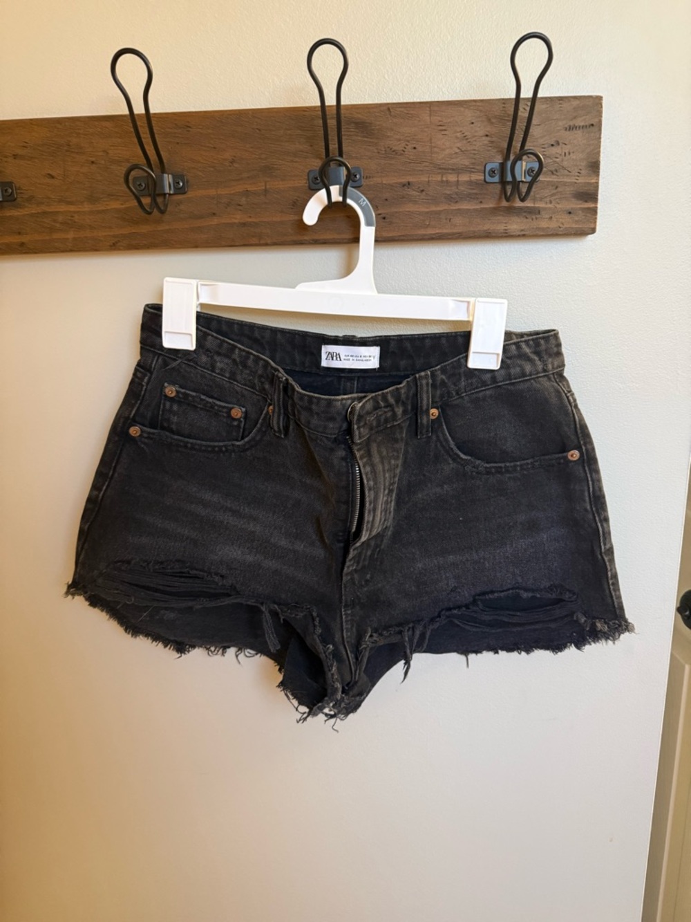 Zara Black Distressed Jean Shorts with Frayed Hem